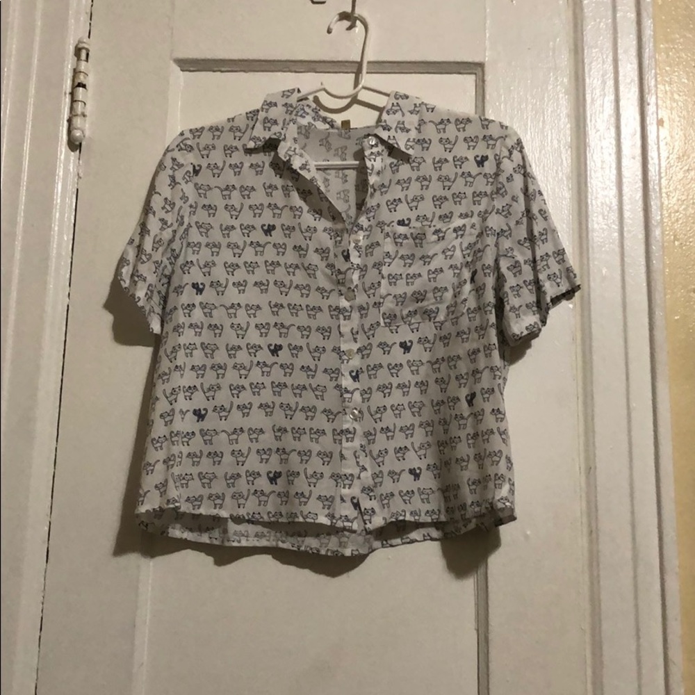 White shirt with navy blue cat print